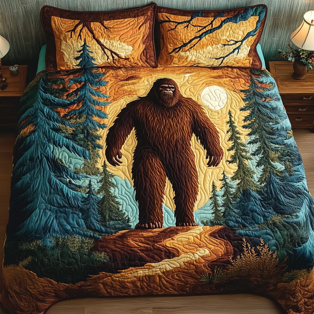 Mountain Stalker quilted 3-piece bedding set on a made bed with two matching pillow shams