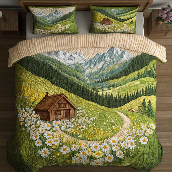 Mountain Stillness quilted 3-piece bedding set on a made bed with two matching pillow shams