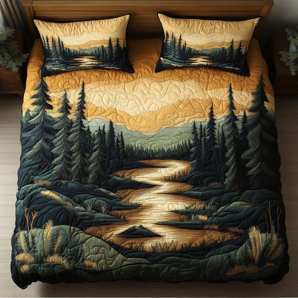 Mountain Stillness quilted 3-piece bedding set on a made bed with two matching pillow shams