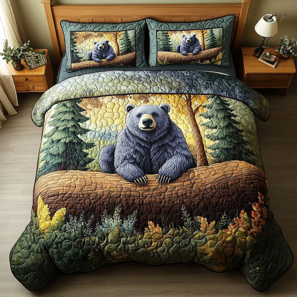 Mountain Strength quilted 3-piece bedding set on a made bed with two matching pillow shams