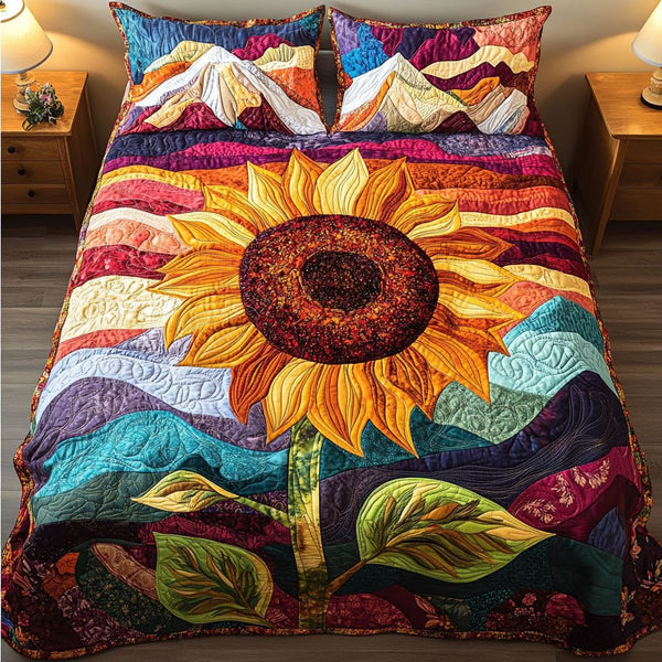 Mountain Sun quilted 3-piece bedding set on a made bed with two matching pillow shams