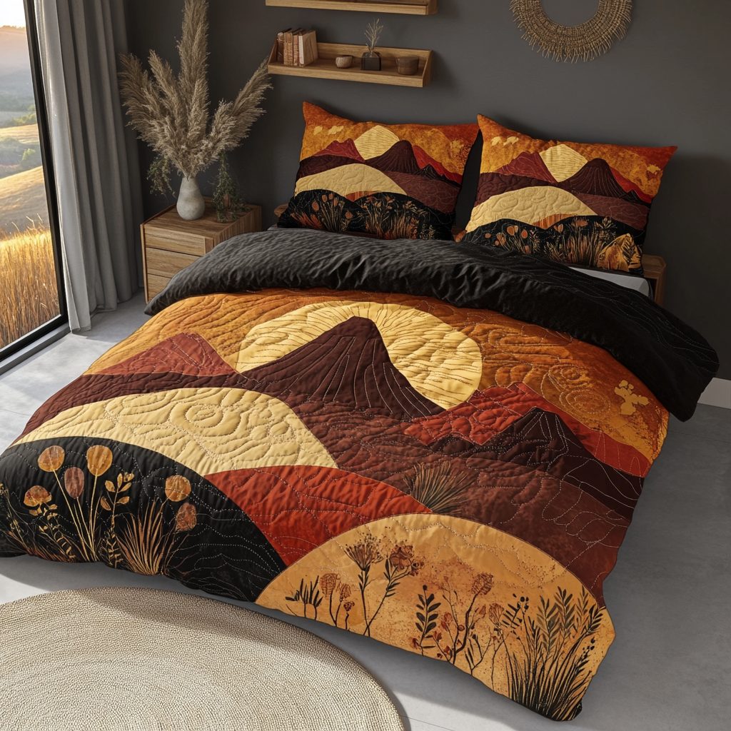 Mountain Sunset quilted 3-piece bedding set on a made bed with two matching pillow shams