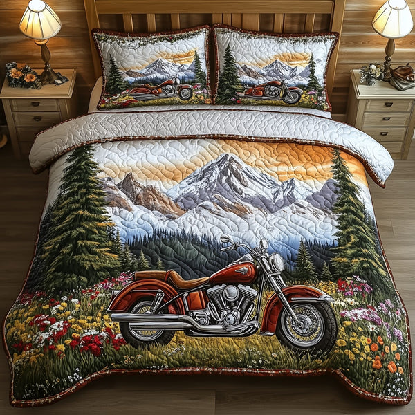 Mountain Trail Motorcycle quilted 3-piece bedding set on a made bed with two matching pillow shams