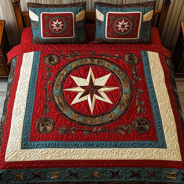 Mountain Trails quilted 3-piece bedding set on a made bed with two matching pillow shams