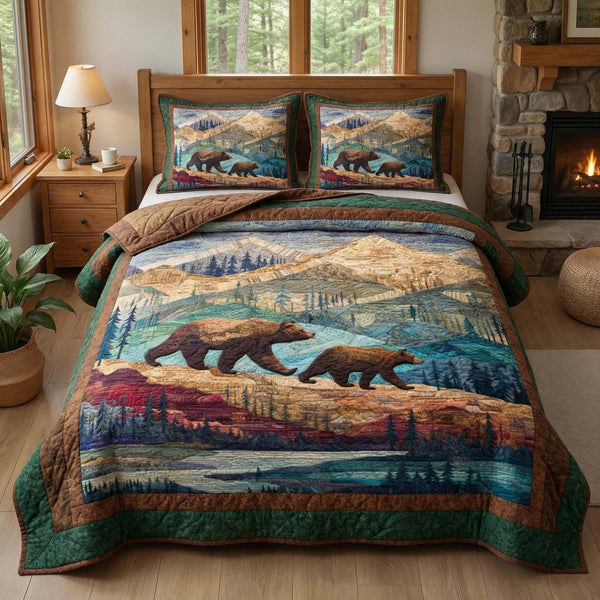 Mountain Trek quilted 3-piece bedding set on a made bed with two matching pillow shams