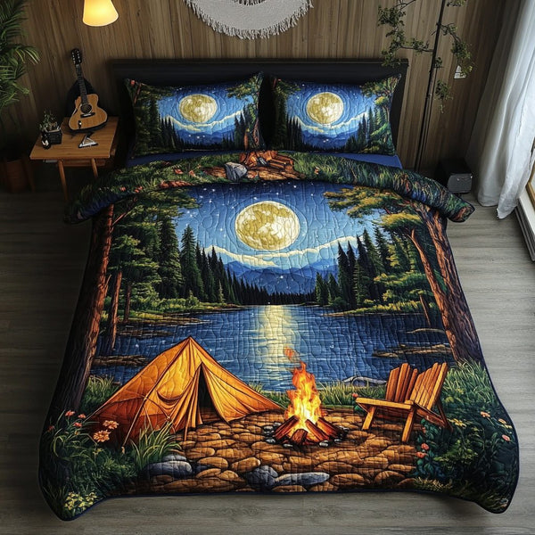 Mountain View Adventures quilted 3-piece bedding set on a made bed in a winter-styled bedroom