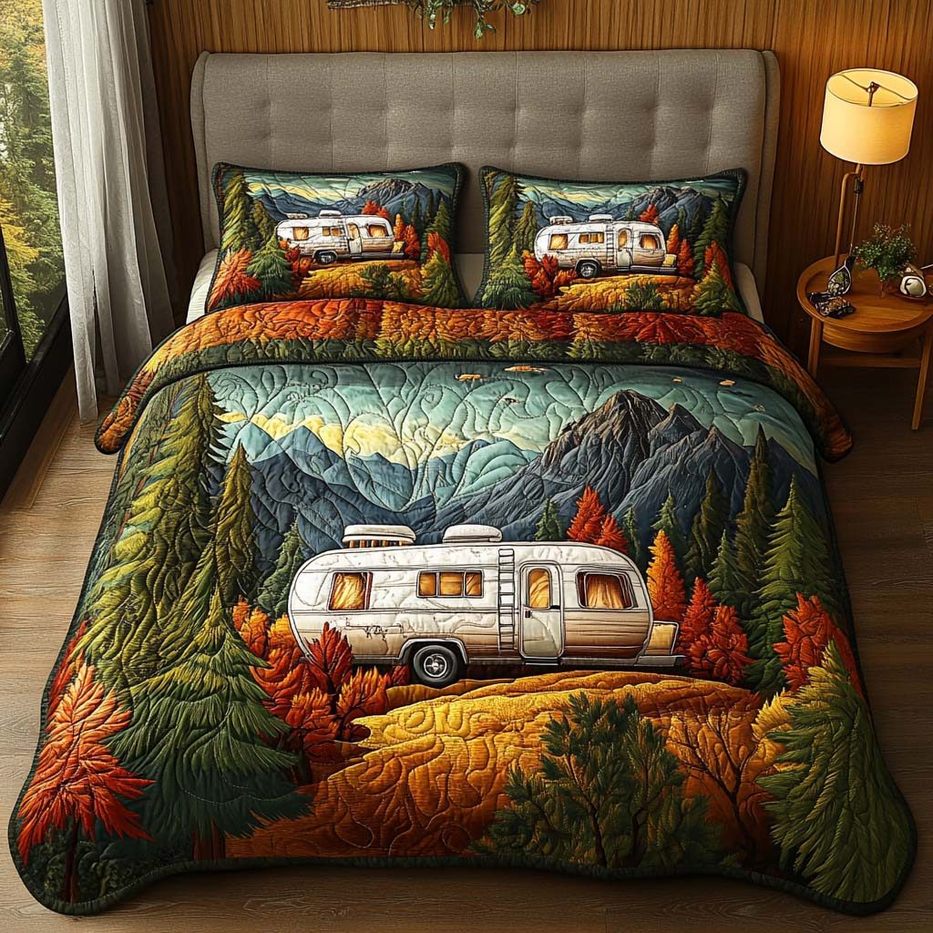 Mountain View Camper quilted 3-piece bedding set on a made bed with two matching pillow shams