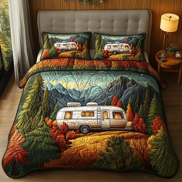 Mountain View Camper quilted 3-piece bedding set on a made bed with two matching pillow shams