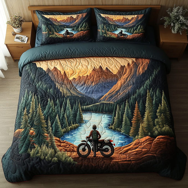 Mountain View quilted 3-piece bedding set on a made bed with two matching pillow shams