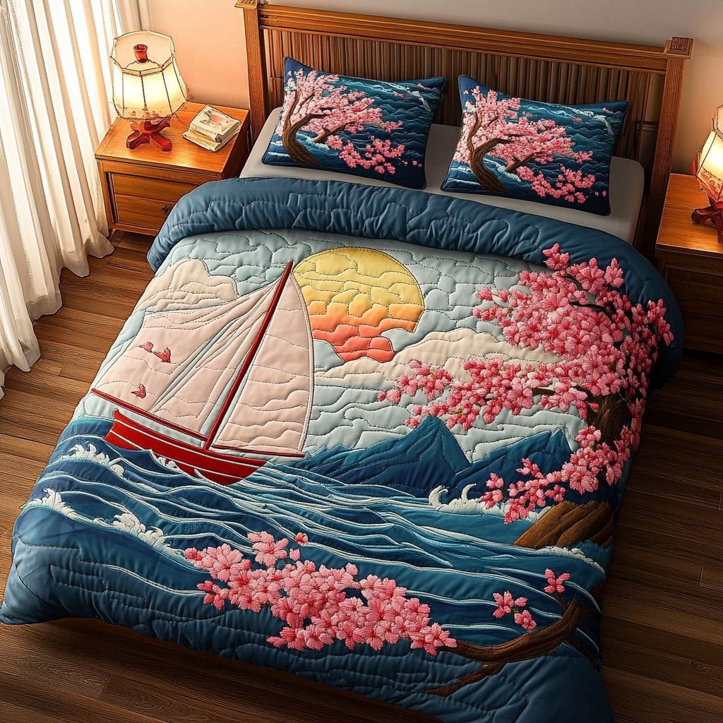 Mountain Voyage quilted 3-piece bedding set on a made bed with two matching pillow shams
