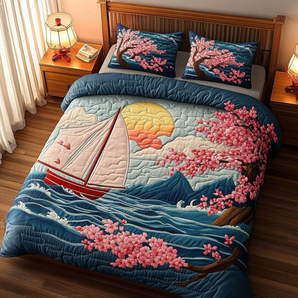 Mountain Voyage quilted 3-piece bedding set on a made bed with two matching pillow shams