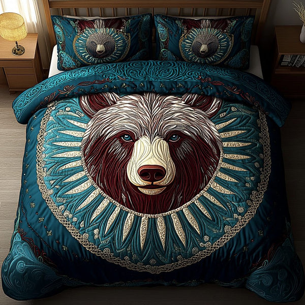 Mountain Wanderer quilted 3-piece bedding set on a made bed with two matching pillow shams