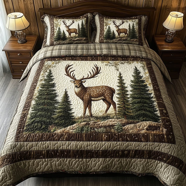 Mountain WildLife quilted 3-piece bedding set on a made bed with two matching pillow shams