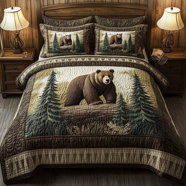 Mountain WildLife quilted 3-piece bedding set on a made bed with two matching pillow shams