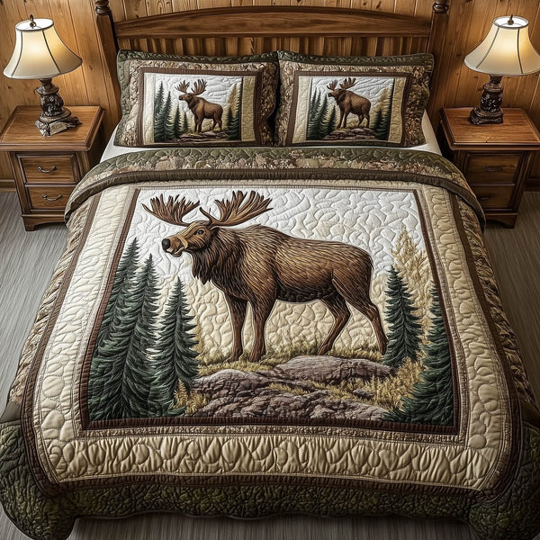 Mountain WildLife quilted 3-piece bedding set on a made bed with two matching pillow shams