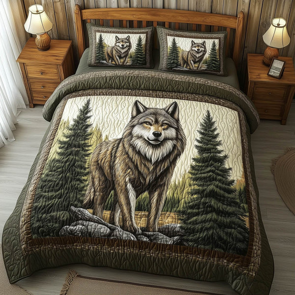 Mountain WildLife quilted 3-piece bedding set on a made bed with two matching pillow shams