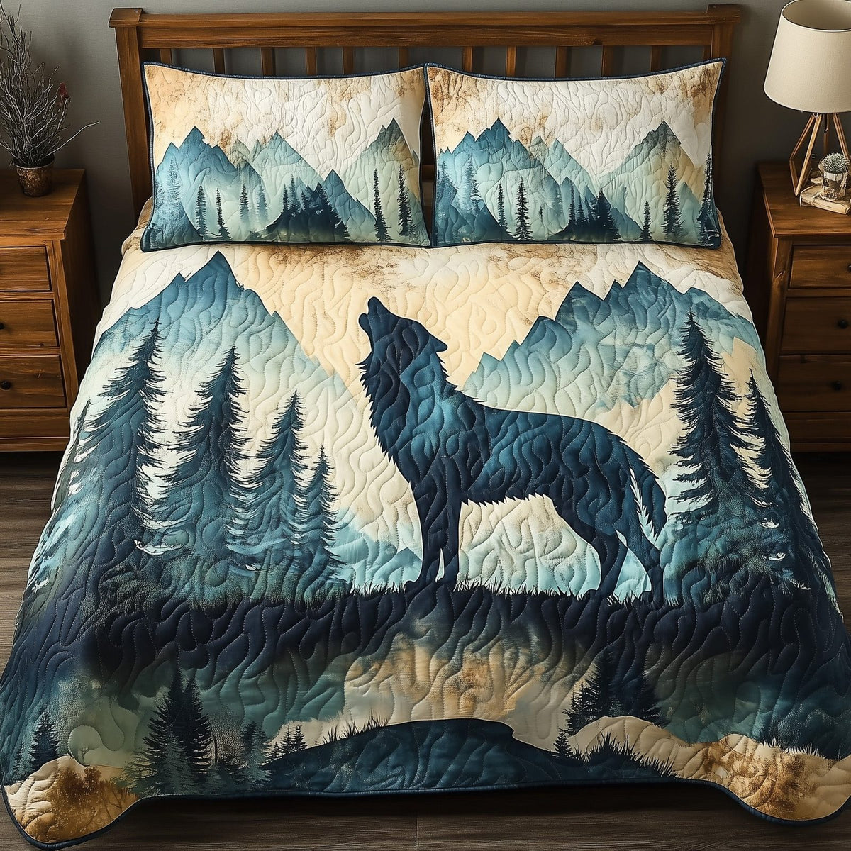 Mountain Wolf quilted 3-piece bedding set on a made bed with two matching pillow shams