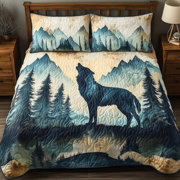 Mountain Wolf quilted 3-piece bedding set on a made bed with two matching pillow shams
