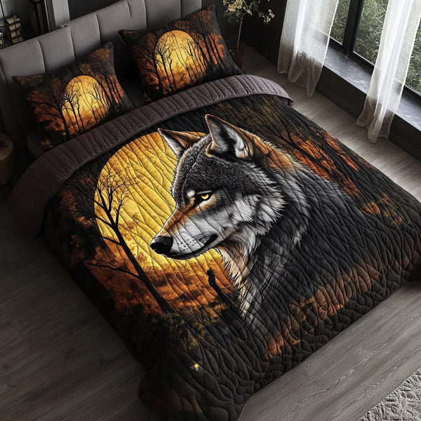 Mountain Wolf quilted 3-piece bedding set on a made bed with two matching pillow shams