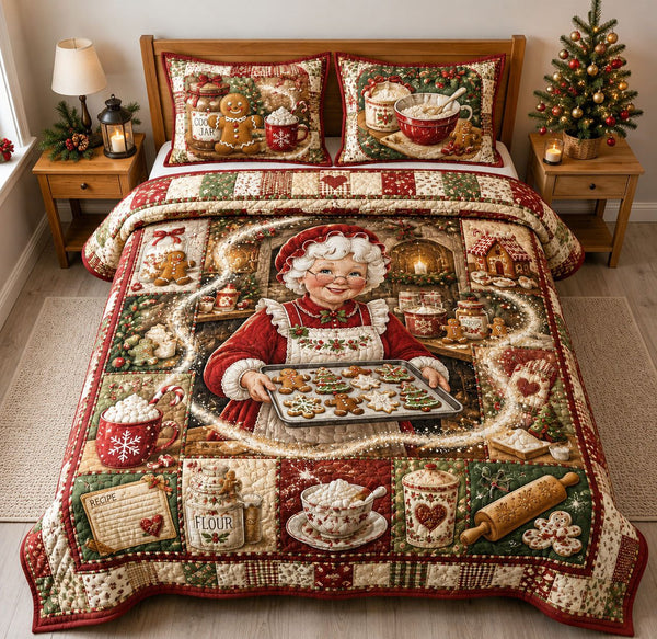 Mrs Claus Christmas Baking quilted 3-piece bedding set on a made bed in a winter-styled bedroom