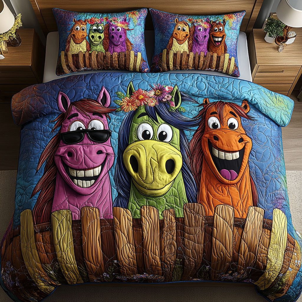 Muddy Hooves quilted 3-piece bedding set on a made bed with two matching pillow shams