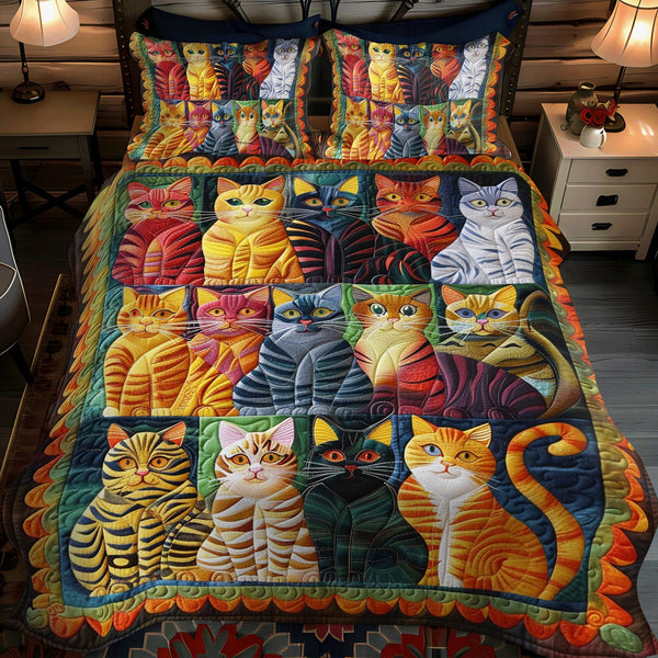 Multicolored Cats quilted 3-piece bedding set on a made bed with two matching pillow shams