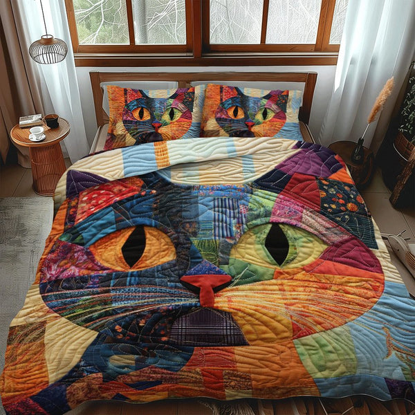 Multicolored Cats quilted 3-piece bedding set on a made bed with two matching pillow shams