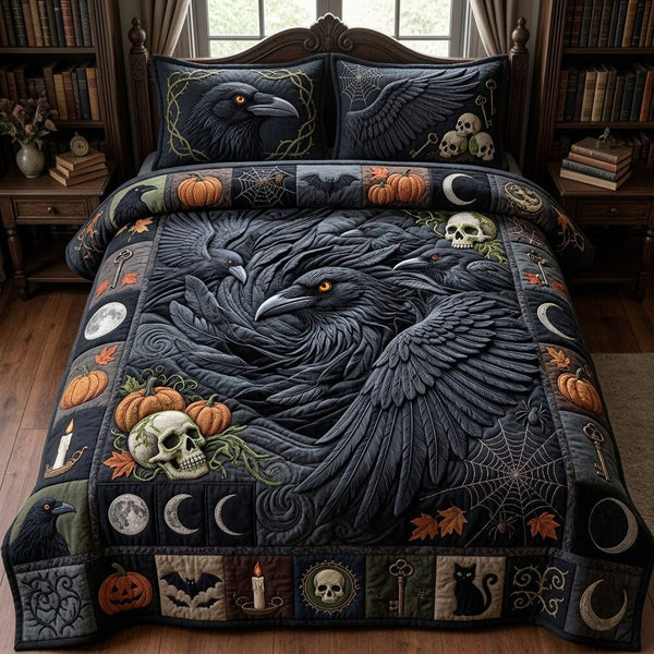 Murder Of Ravens quilted 3-piece bedding set on a made bed against a dark styled interior