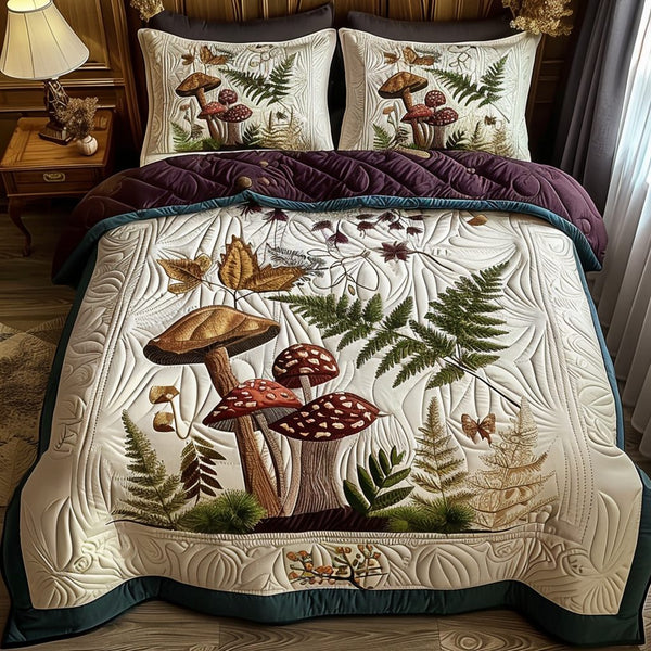 Mushroom and Foliage quilted 3-piece bedding set on a made bed with two matching pillow shams