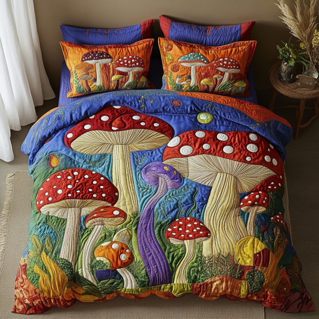 Mushroom Dream quilted 3-piece bedding set on a made bed with two matching pillow shams
