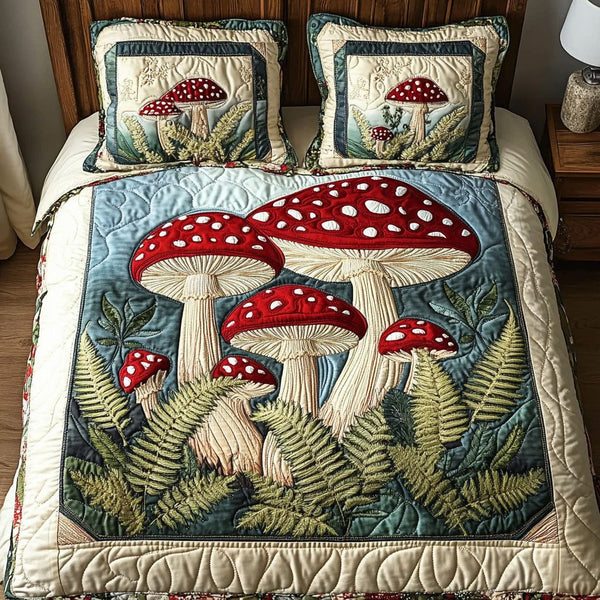 Mushroom Fern Haven quilted 3-piece bedding set on a made bed with two matching pillow shams