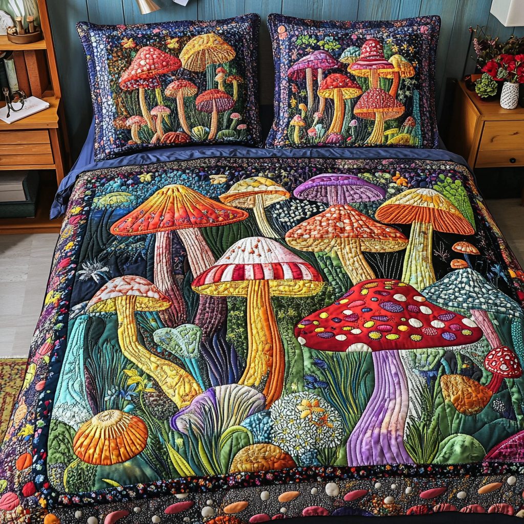 Mushroom Field quilted 3-piece bedding set on a made bed with two matching pillow shams