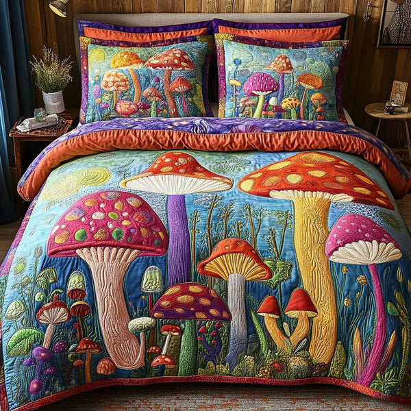 Mushroom Field quilted 3-piece bedding set on a made bed with two matching pillow shams