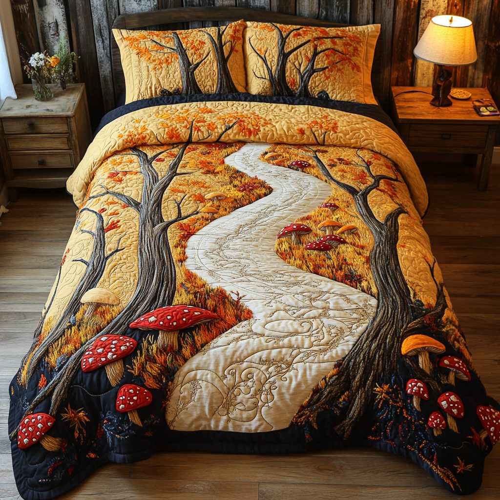 Mushroom Forest quilted 3-piece bedding set on a made bed with two matching pillow shams