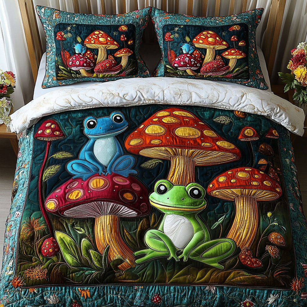 Mushroom Frogs quilted 3-piece bedding set on a made bed with two matching pillow shams