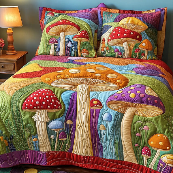 Mushroom Garden quilted 3-piece bedding set on a made bed with two matching pillow shams