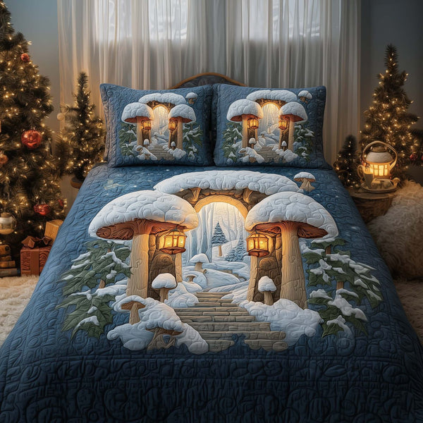 Mushroom Gate quilted 3-piece bedding set on a made bed with two matching pillow shams
