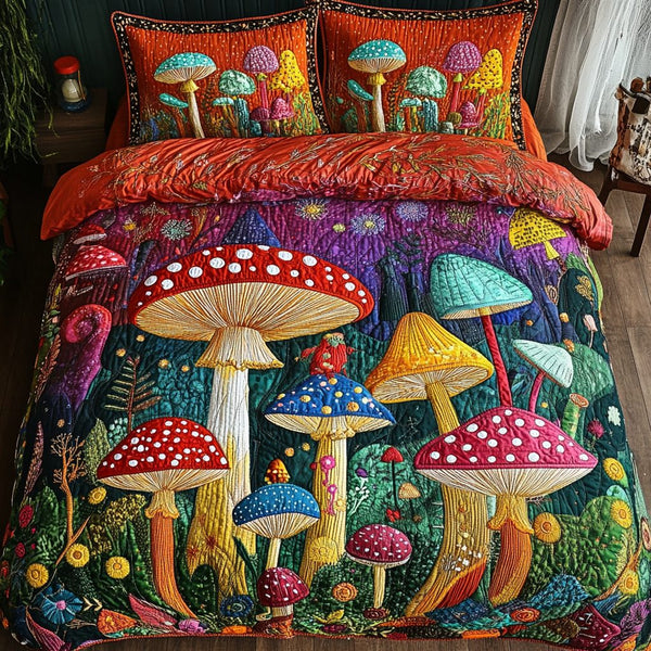 Mushroom Glow quilted 3-piece bedding set on a made bed with two matching pillow shams