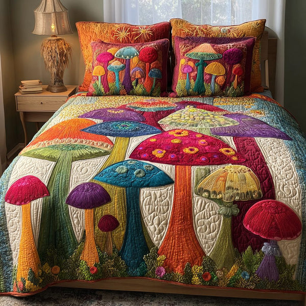 Mushroom Glow quilted 3-piece bedding set on a made bed with two matching pillow shams