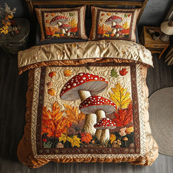 Mushroom Glow quilted 3-piece bedding set on a made bed with two matching pillow shams