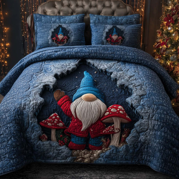 Mushroom Gnome quilted 3-piece bedding set on a made bed in a winter-styled bedroom