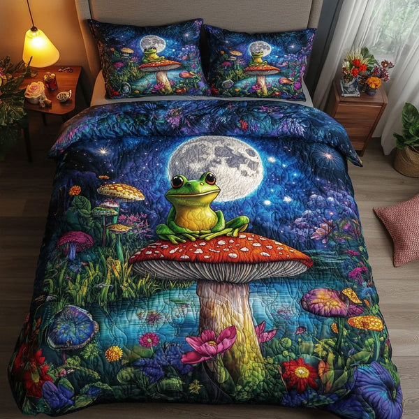 Mushroom Grove quilted 3-piece bedding set on a made bed with two matching pillow shams