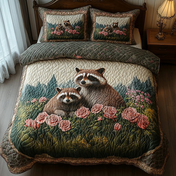 Mushroom Grove Raccoon quilted 3-piece bedding set on a made bed with two matching pillow shams