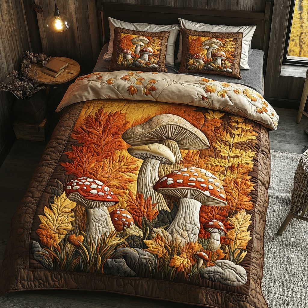 Mushroom Haven quilted 3-piece bedding set on a made bed with two matching pillow shams