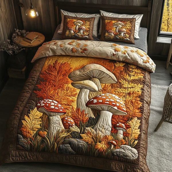 Mushroom Haven quilted 3-piece bedding set on a made bed with two matching pillow shams