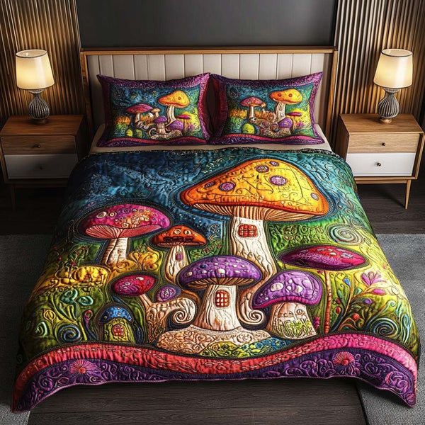 Mushroom Haven quilted 3-piece bedding set on a made bed with two matching pillow shams