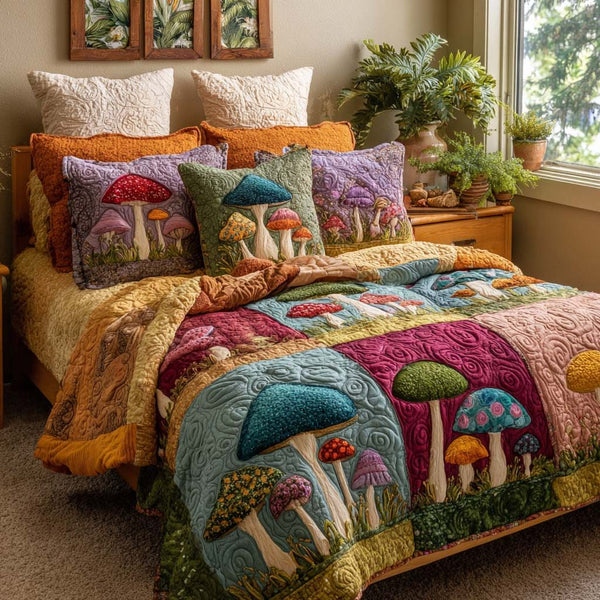 Mushroom Magic quilted 3-piece bedding set on a made bed with two matching pillow shams