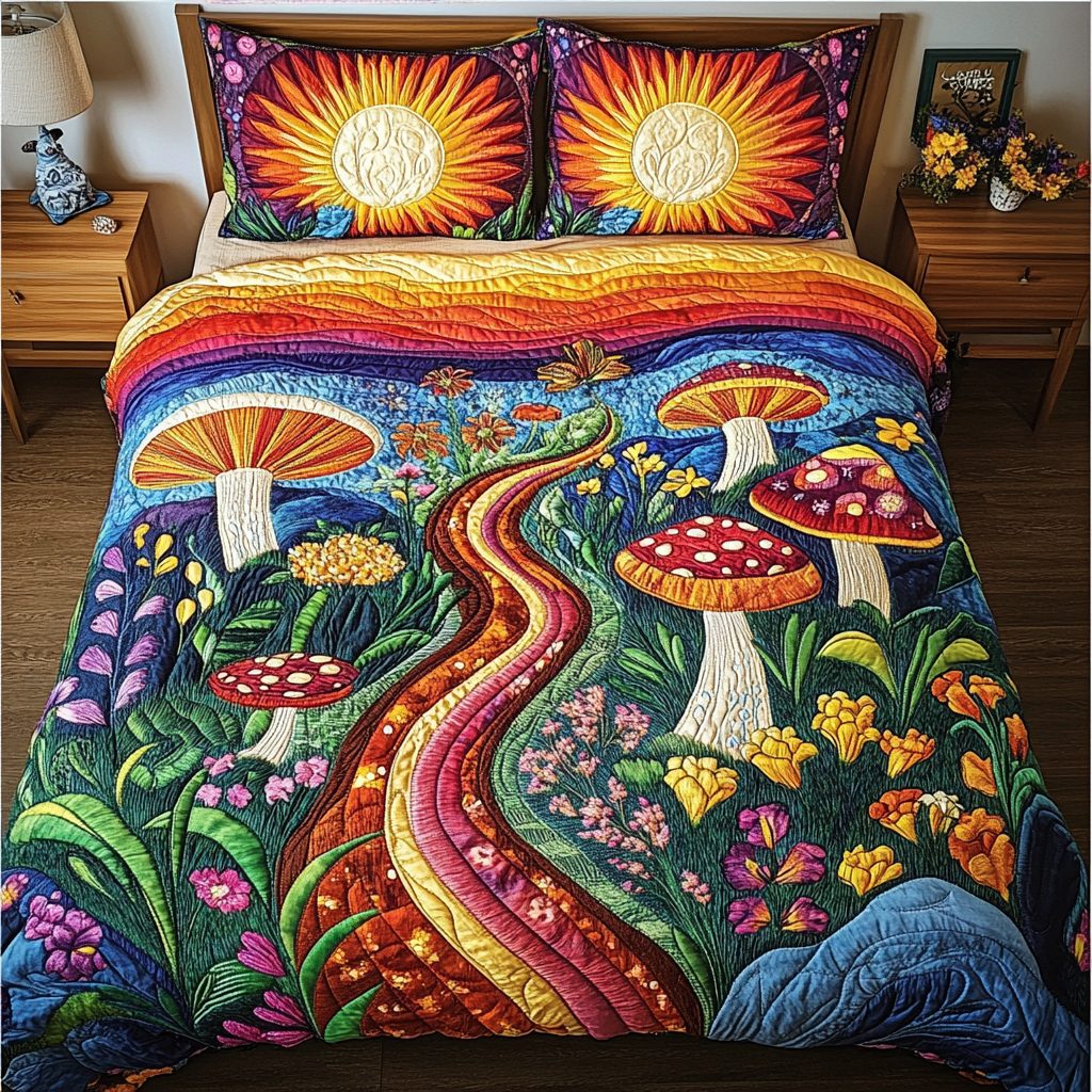 Mushroom Meadow quilted 3-piece bedding set on a made bed with two matching pillow shams