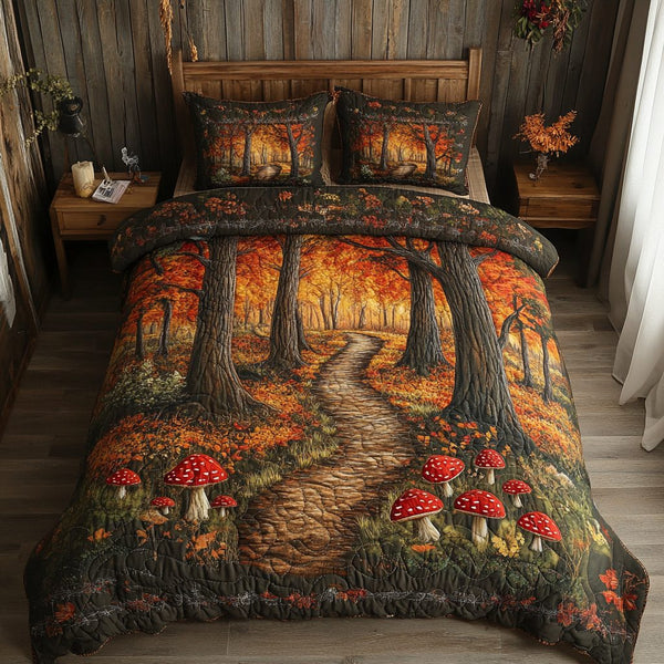 Mushroom Meadow quilted 3-piece bedding set on a made bed with two matching pillow shams