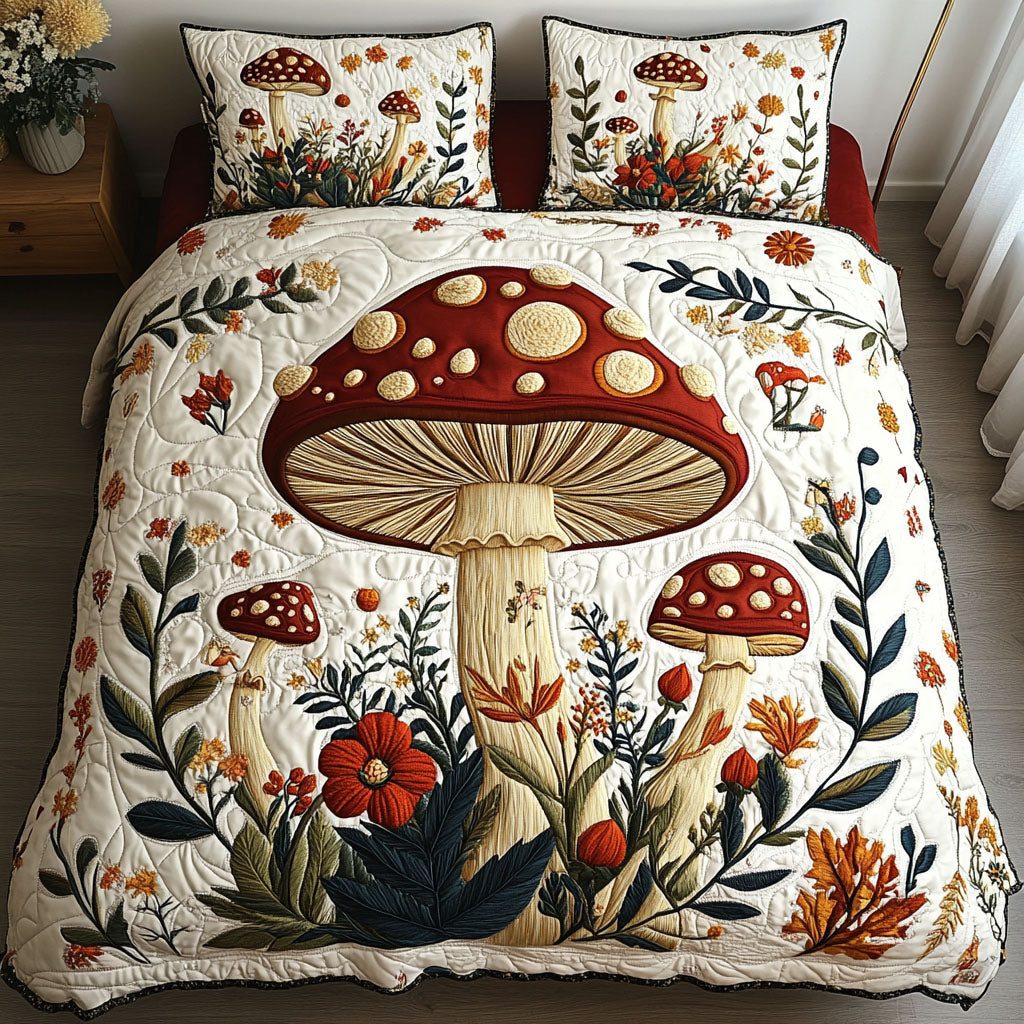Mushroom Meadow quilted 3-piece bedding set on a made bed with two matching pillow shams